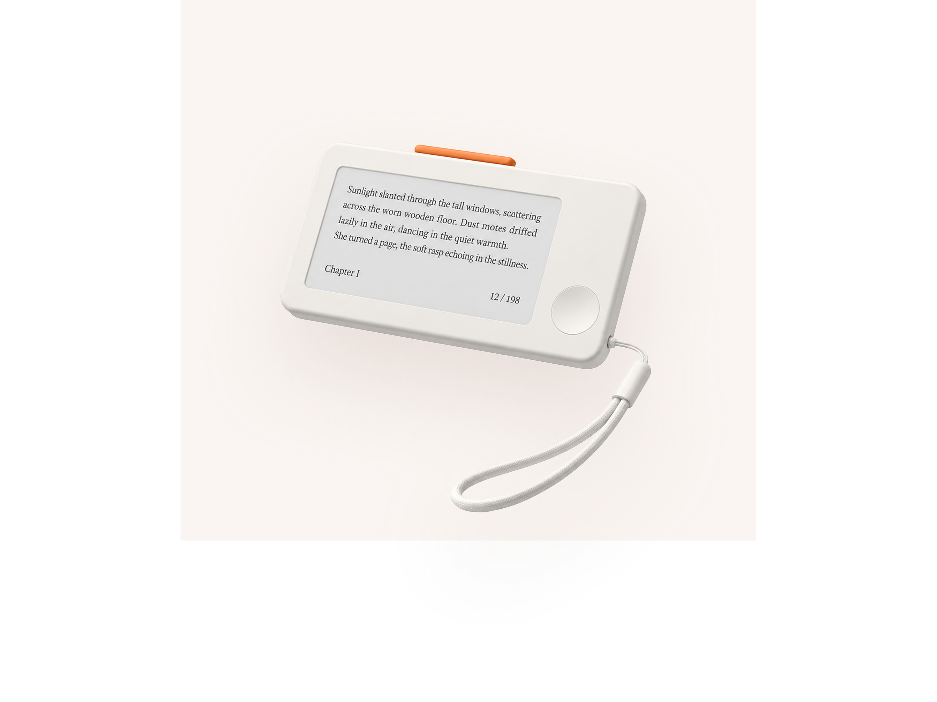 Tiny Tome e-ink reader with a wrist lanyard